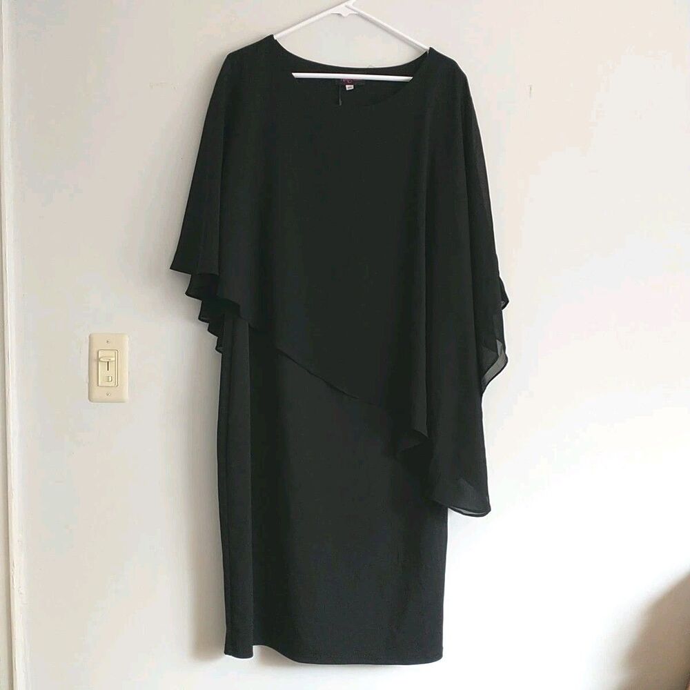 Hannah Nicole Midi Dress 18W Black Shift Asymmetrical Overlay Cape Lagenlook